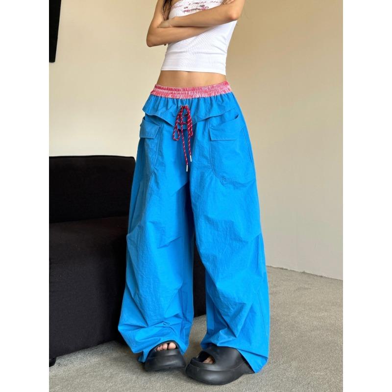 Dopamine Contrasting Color Splicing Plaid Paratrooper Pants Men's and Women's Summer Loose Wide-leg Scimitar Pants Pleated Tooling Casual Pants