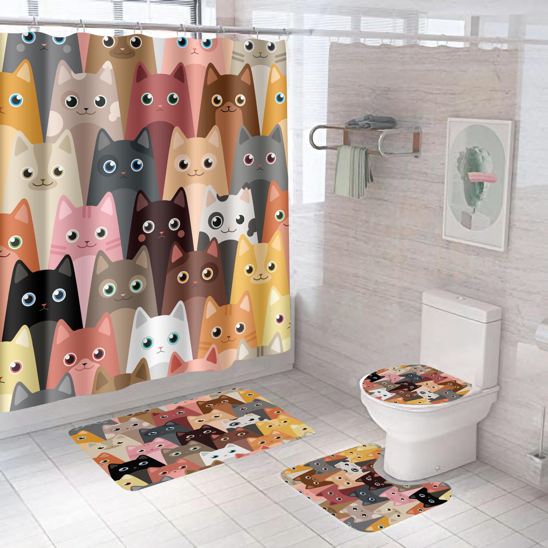 

4Pcs Funny Cat Print Shower Curtain Set with Non-Slip Rugs Toilet Lid Cover and Bath Mat Waterproof Fabric Bathroom Decor Set with Hooks 4Pcs set