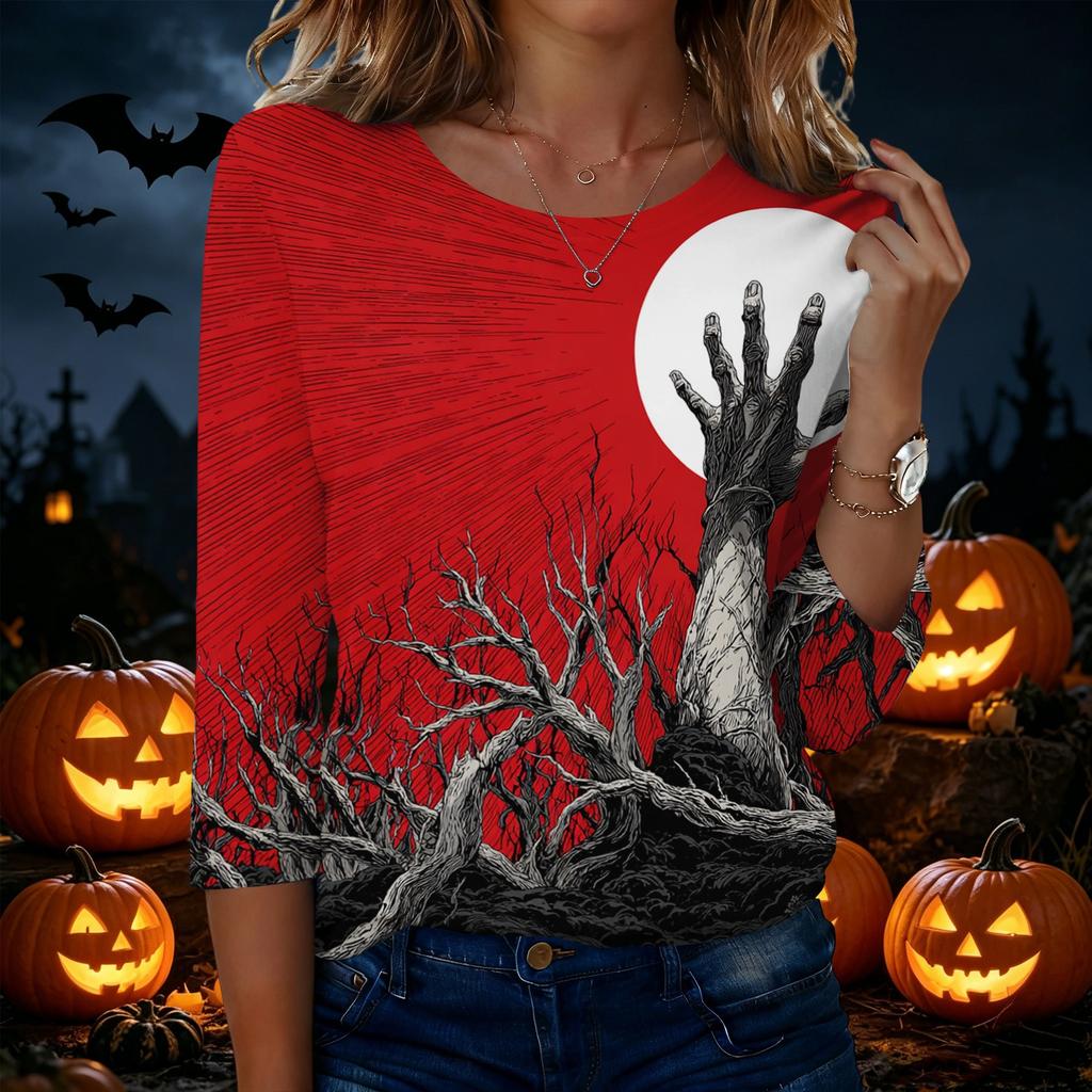 Women's Casual Round Neck Three Quarter Sleeve Halloween Print T Shirt Top Lightweight Comfortable Soft Fabric