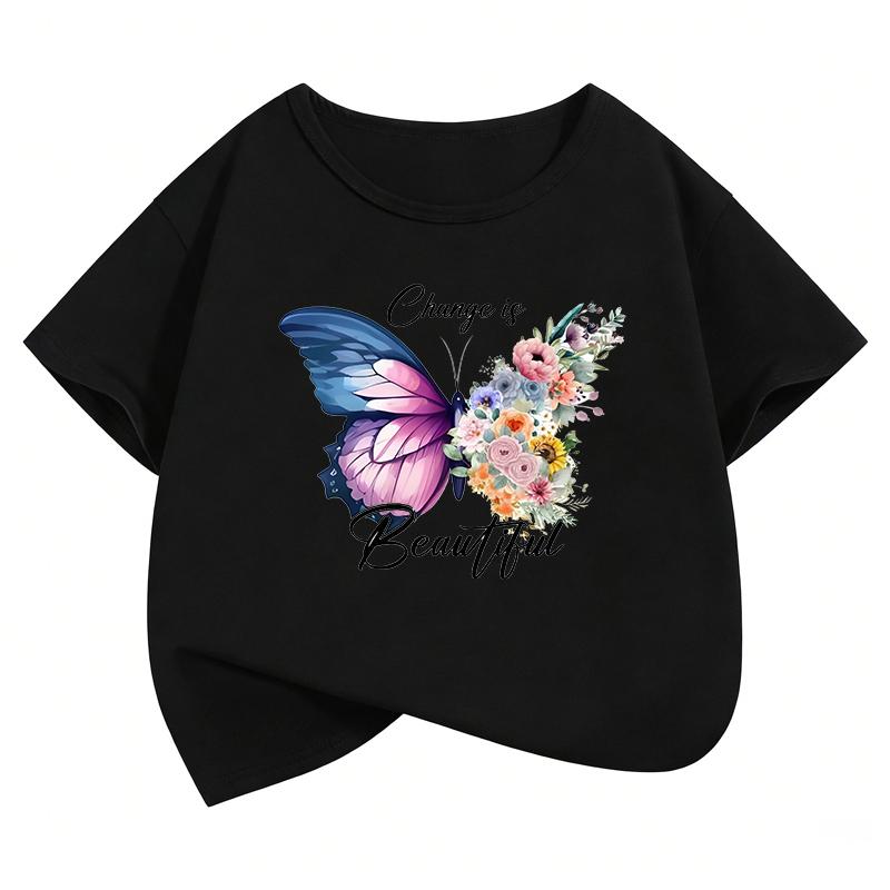 Change Is Beautiful Butterful T-Shirt Fashion T Shirt Girls' Summer Clothes Short Sleeve Tops T-Shirts Cute Kids Clothing