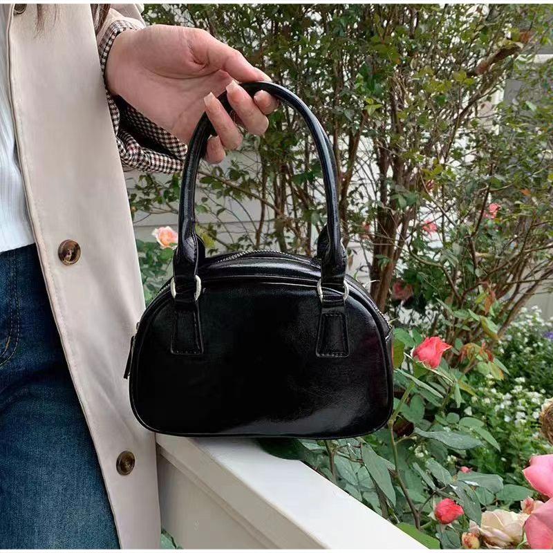 Women Pu Leather Bowling Bag Mini Small Square Handbag Top Handle Crossbody Shoulder Bag Trendy Versatile Casual Dating Tote Bag