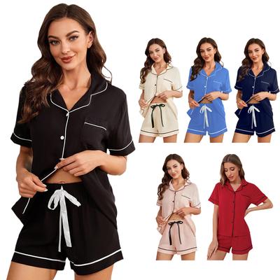 Pyjama d'été pour femme, couleur unie, short à manches courtes, ensemble de vêtements de maison décontractés pour femme