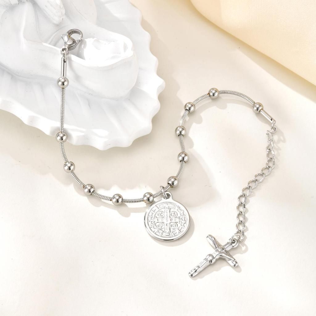 Religious Rosary Bracelets For Women, Holy Saint Benedict Portrait Bar, Stainless Steel No Fade Jewelry