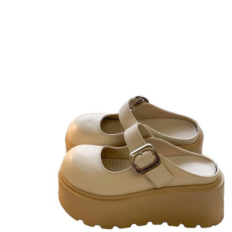 Baotou Plateau Damen Herbst neue Leder Slipper Damen Schnalle Hausschuhe