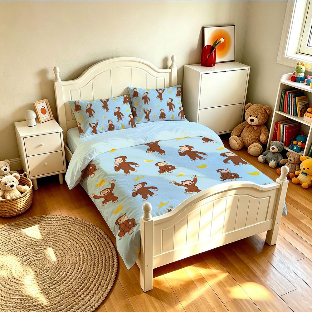 Duvet Cover Set 3Pcs Cute Cartoon Monkey Blue Print Soft Microfiber Bedding with Pillowcases Kids Bedroom