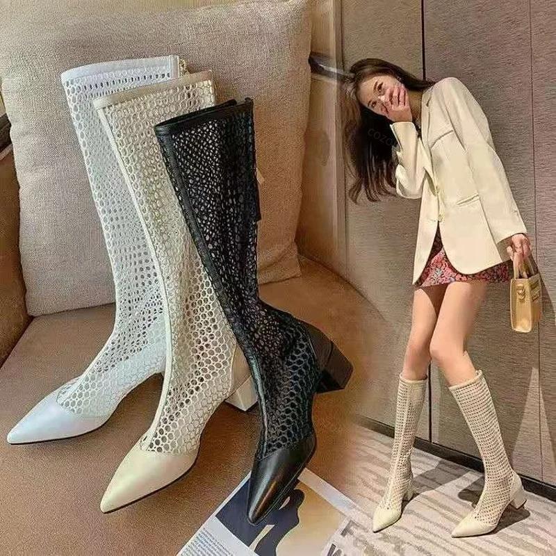 Fashion Cool Mesh Boots Women's Summer Stovepipe Season  2025 Thick Heel Mesh Boots Pointed Mid-heel Mesh High Boots Long Sandals