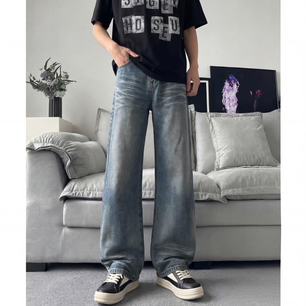 Jeans men's baggy jeans loose and old washed light blue straight trousers American retro trendy brand