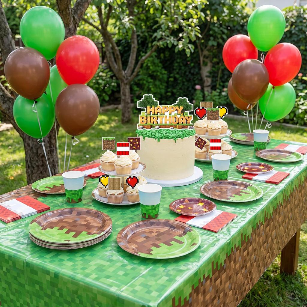 109Pcs Pixel Birthday Party Supplies,Video Game Party Decorations Tableware-Balloons Tablecloth Banner Cake Toppers for Pixel Birthday Decorations