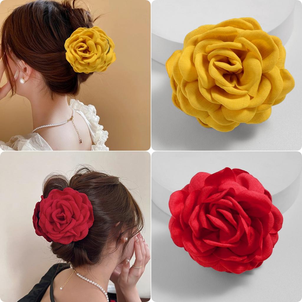 Cotton Fabric Rose Flower Hair Claw Clips for Women Korean Ctach Shark Clamp Hair Accessories Rose Blossom Catching Clip