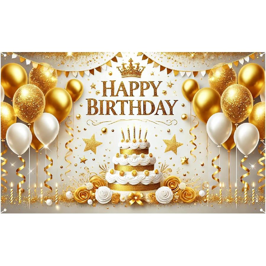 Nuxovilar Happy Birthday Banner Blue Gold Balloons String Lights Polyester Backdrop 43x70.86 Inches - Large Party Birthday Decorations for Photo