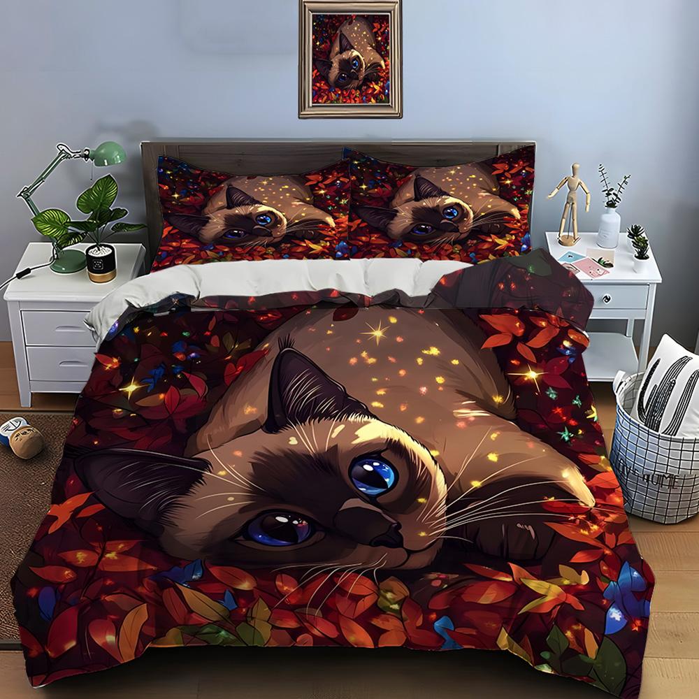 Cat lying among colorful leaves Print Soft Comfortable Duvet Cover Bedding Set Included 1*Duvet Cover 2*Pillowcases