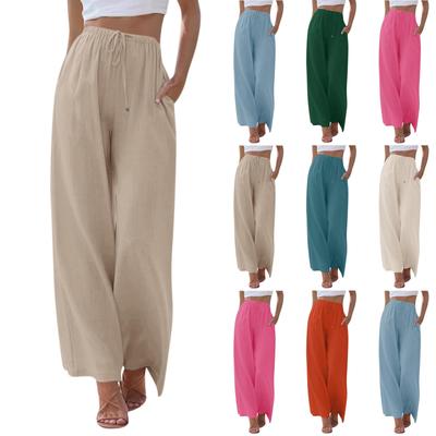 Waisted Wide Leg  Pants For Women Casual Summer Drawstring Trousers Flowy Beach Pants With Pockets