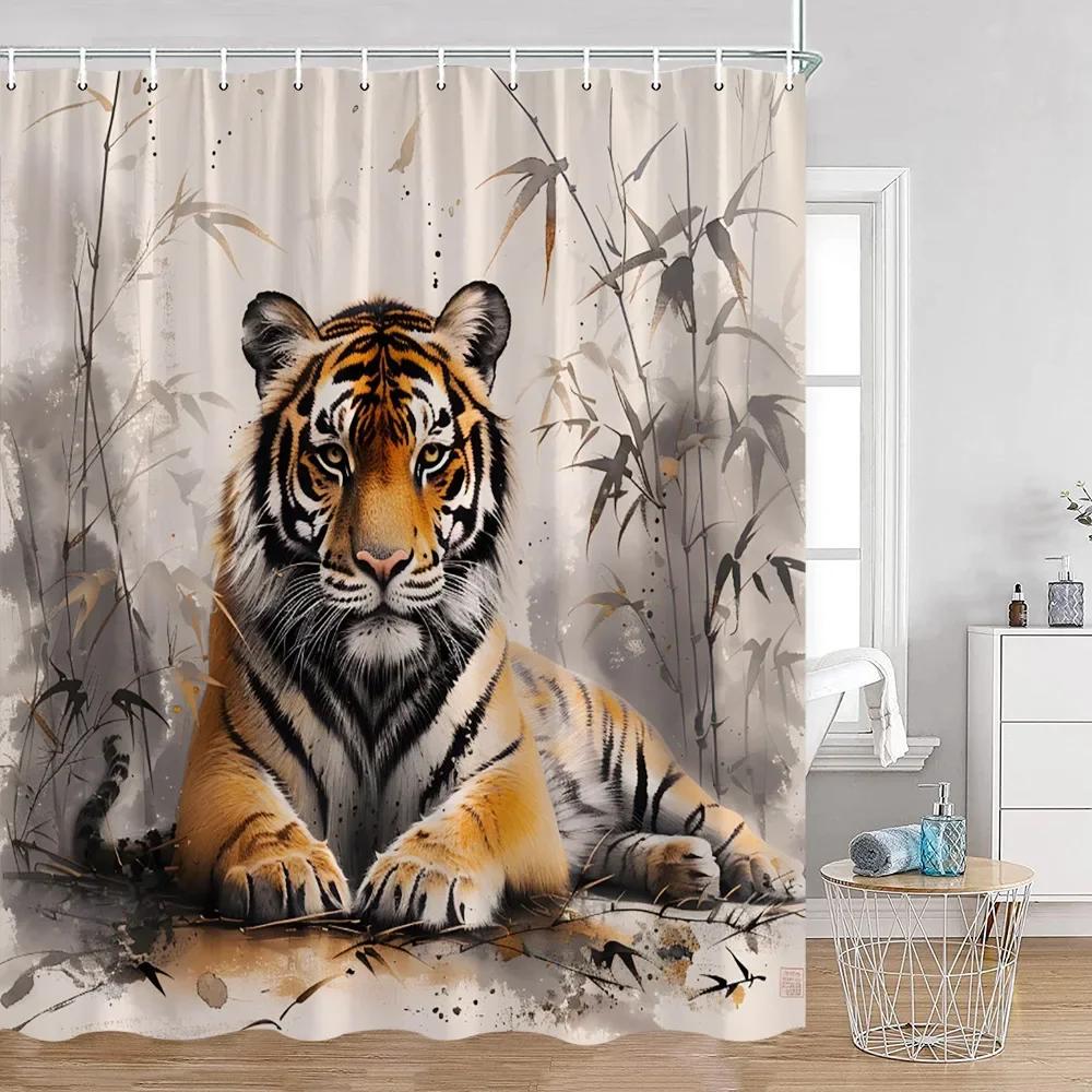 Wild Animals Shower Curtain Tiger Forest Elegant Panther Green Palnts Rose Floral Home Decor for Bathroom Polyester Bath Curtain