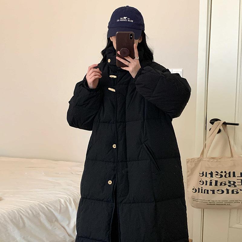 Korean horn buckle long down jacket women's 2024 winter temperament over the knee thickened white duck down jacket tide