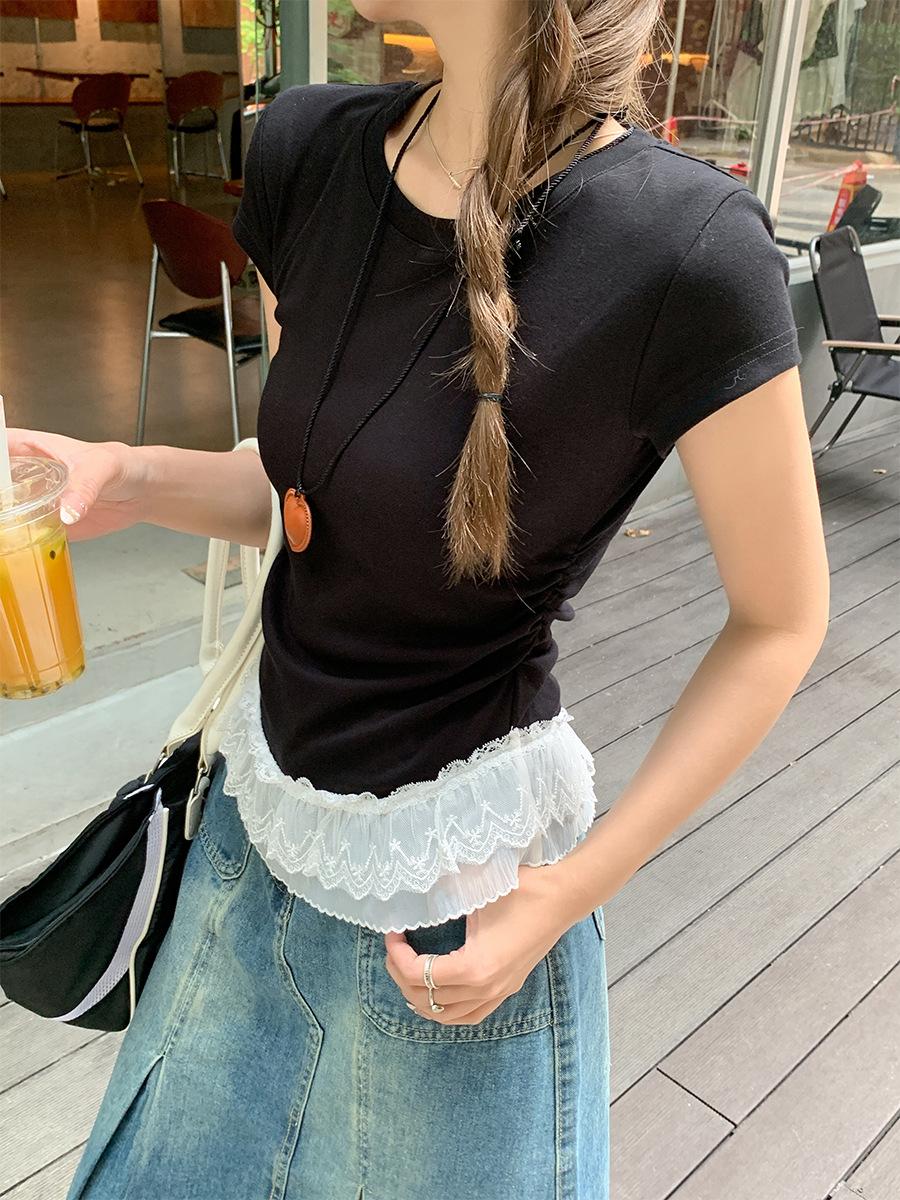 

Sweet age-reducing lace splicing hem short-sleeved T-shirt women s summer ballet temperament beautiful pleated top S чёрный