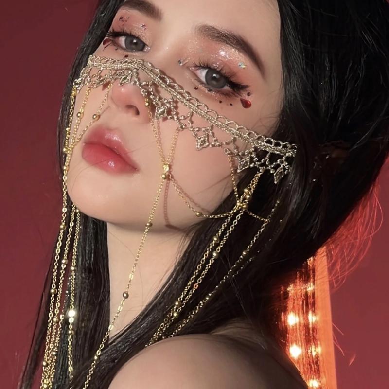 Chinese Style Face Curtain Fringed Forehead Headbands Ancient Hair Jewelry Face Decorative Mask for Stage Dancer