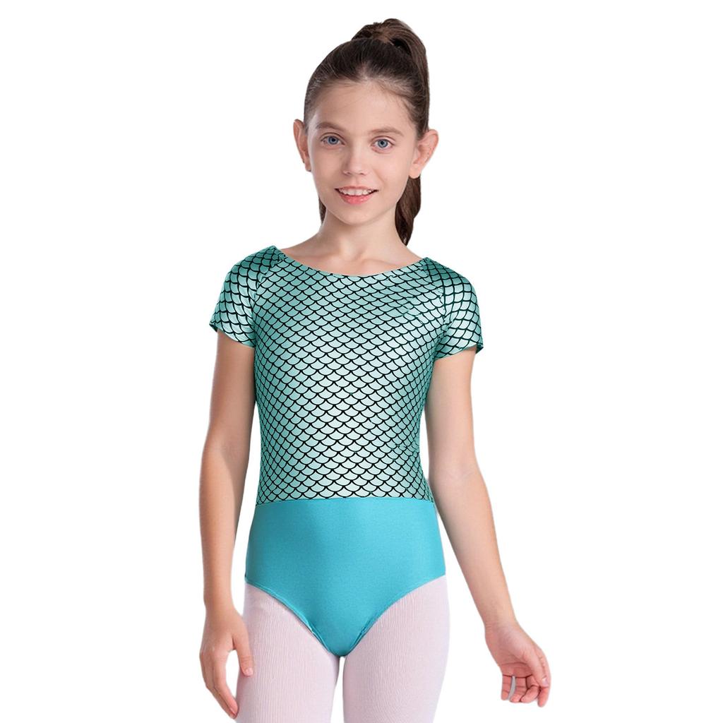 Girls Metallic Fish Scale Print Leotard Short Sleeve Bowknot Cutout Back Ballet Gymnastics Bodysuit