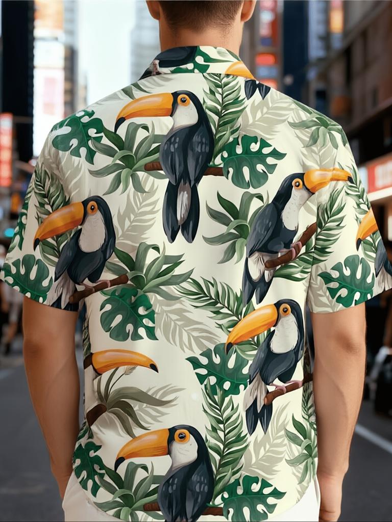 Digital Print - 2026 Men'S Hawaiian Bird of Paradise Animal Print Shirt, Beachside Outdoor Casual Short-Sleeve Retro Shirt, Streetwear Everyday Top