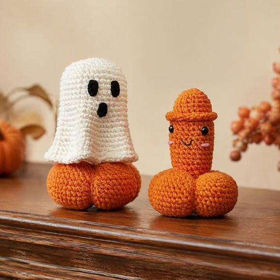 Handcrafted Wool Toy 2 Pcs Crochet Ghost And Pumpkin Set, Handmade Knitted Halloween Creative Photo Props Dolls, Funny Desk Decoration, Quirky