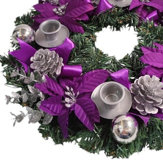 13" Purple Ribbon Christmas Advent Wreath 4 Advent Candles Holder Christmas Centerpiece with Bow Artificial Pine Cones for Winter Holiday Church Decor