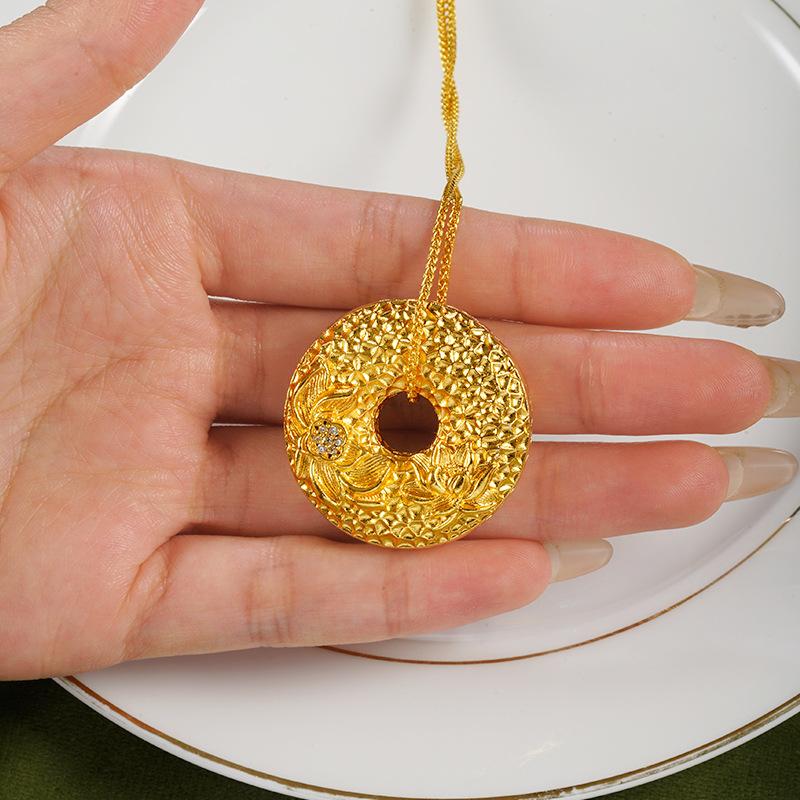 New Chinese Style Hammer Pattern Hollow Point Diamond Lotus Peace Buckle Retro Jewelry Necklace Pendant 60CM(Necklace Long)