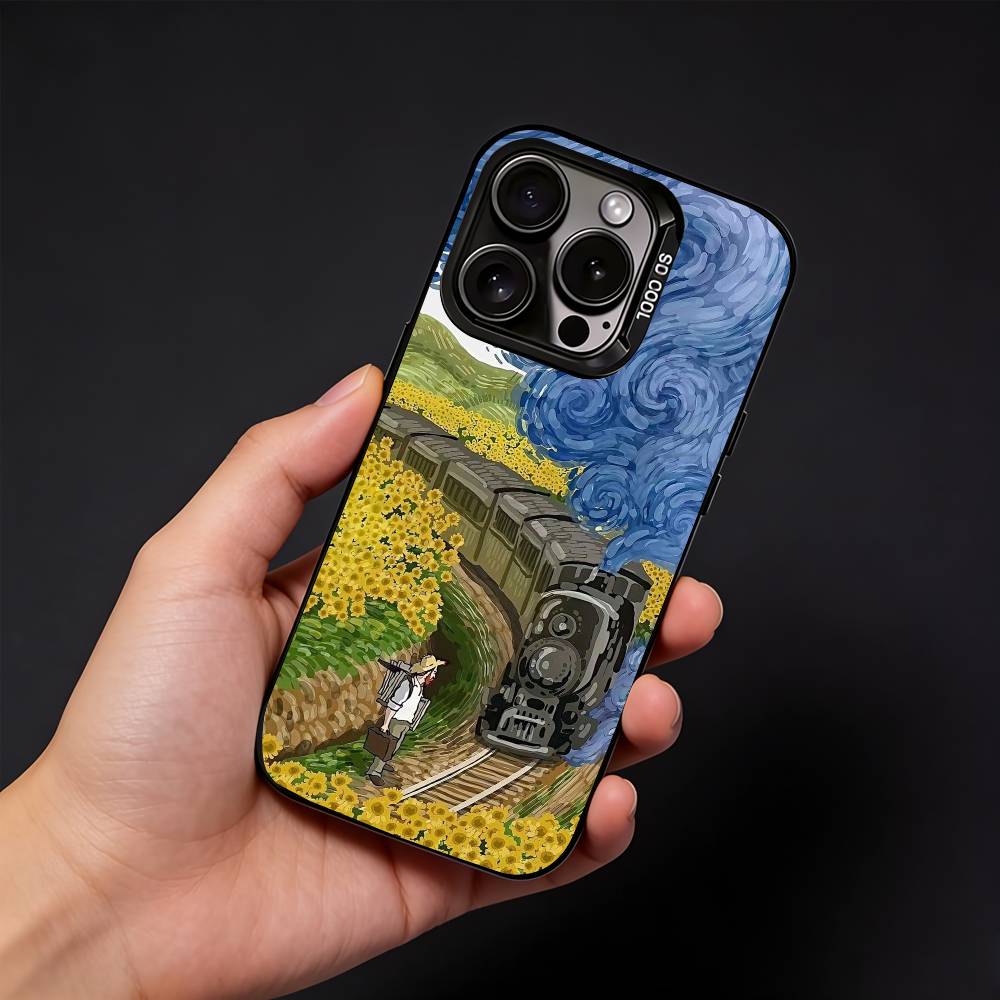 V-Van Gogh Starry Night Sunflower Cat Phone Case For iPhone17, 16,15,14,13,12 Pro Max Black Candy Matte Shockproof Cover iPhone12PROMAX