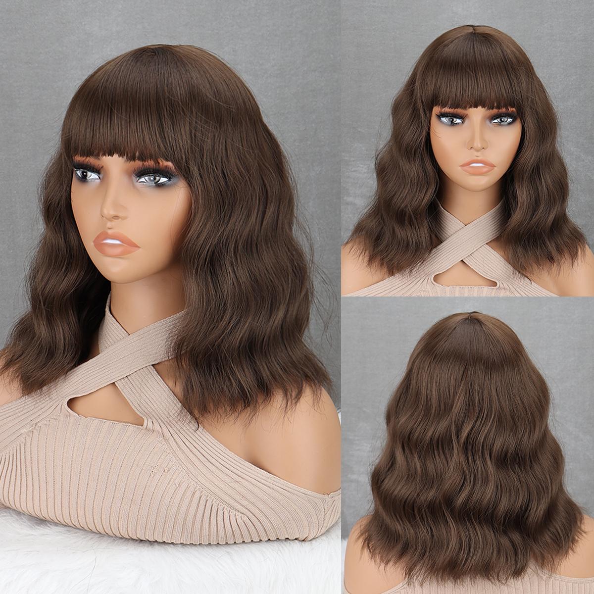 

Мисс парик Синтетический короткий вьющийся волнистый парик с челкой Парик средней длины до плеч для женщин 30cm