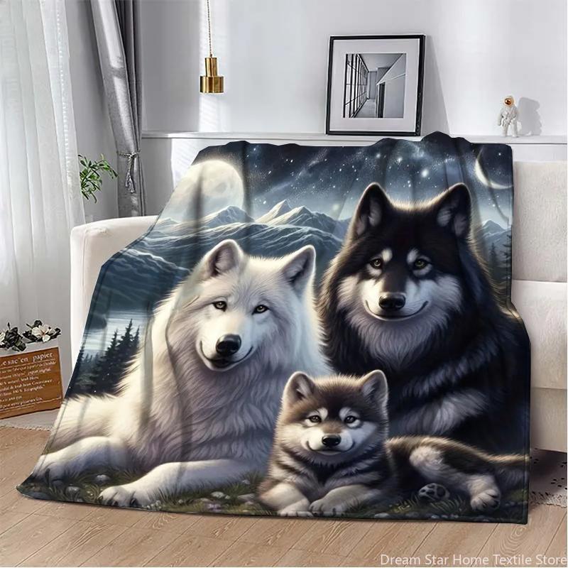 3D Animal Wolf Cute Cartoon Flannel Blanket Fluffy Children and Adults Sofa Plush Bedspread Throw Lunch Blanket for Sofa Bed