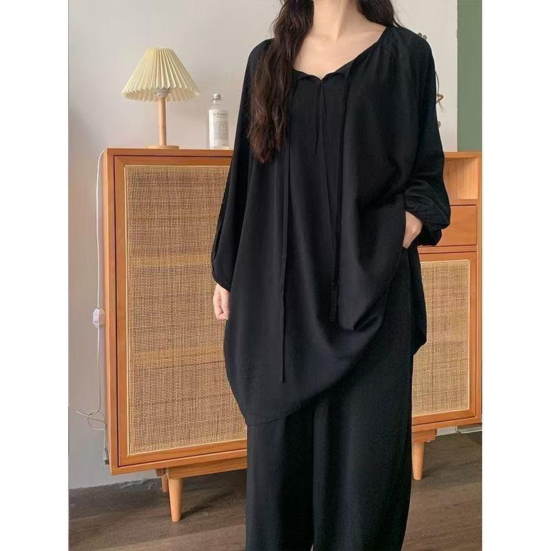 

Women s Loose Pajamas Set Three-Quarters Sleeve Top and Pants Sleepwear 2 Piece Set for Women Casual Oversized Homewear XXXXL чорний