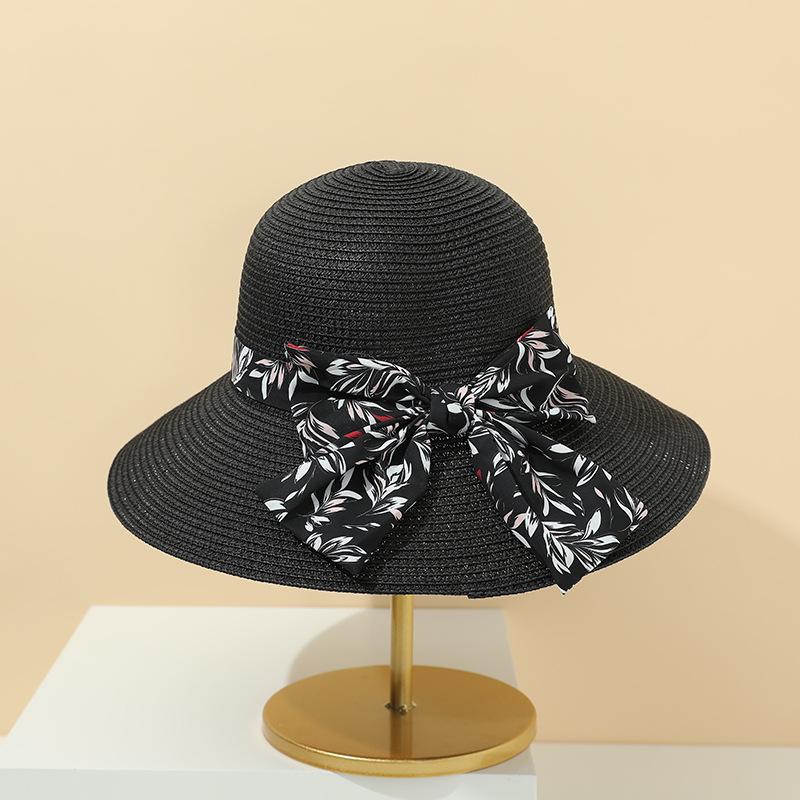 

new Women Summer Big Floppy Hat Wheat Straw Hat with Black White Ribbon Lace Tie Wide Brim Sun Hat UV Protection Beach Cap 55-58cm чорний