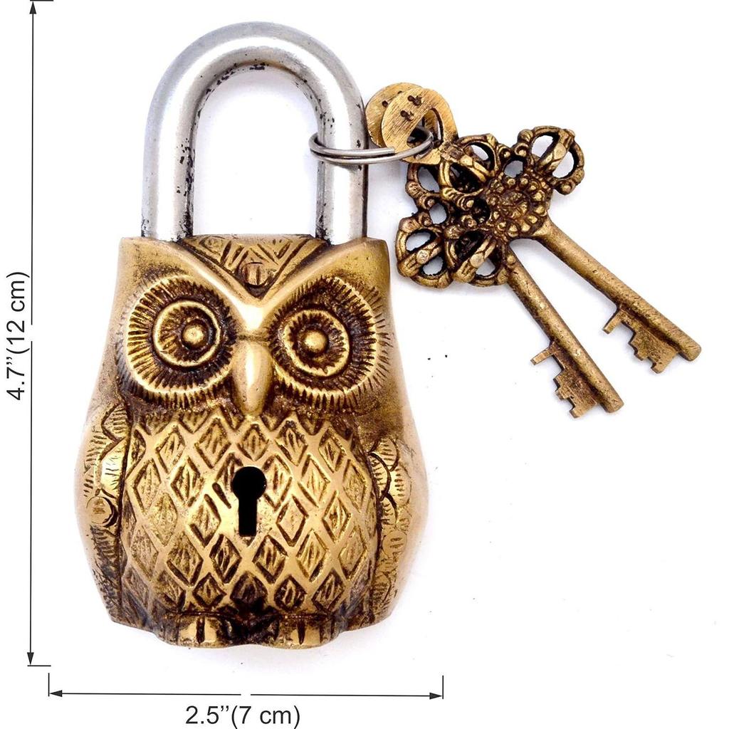 Owl Design Golden Functional Brass Lock With 2 Keys (Golden, Standard) - Key Lock