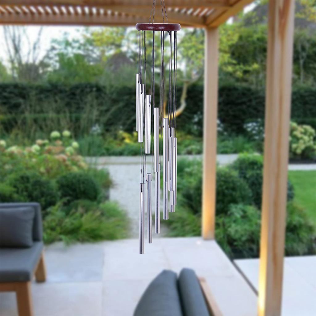 Campana A Vento Fuorimuro, 12 Tubi In Alluminio, 59 Cm, Decorazione Da Giardino E Patio, Colore Argento - 5