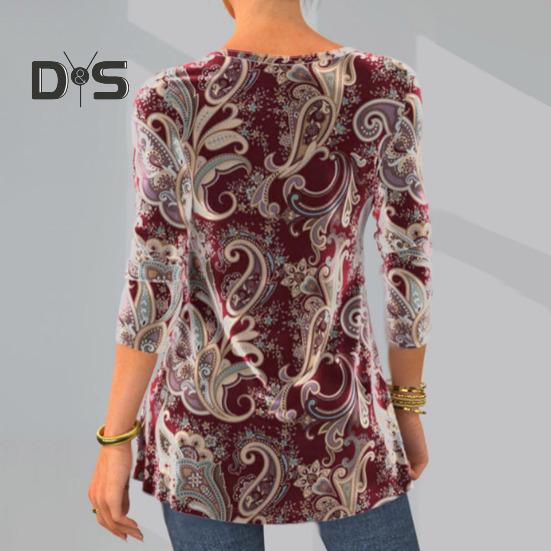 Women Fall Spring Top Vintage Print Round Neck Long Sleeve Button Mid Length A line Soft Pullover Lady Daily Blouse T shirt