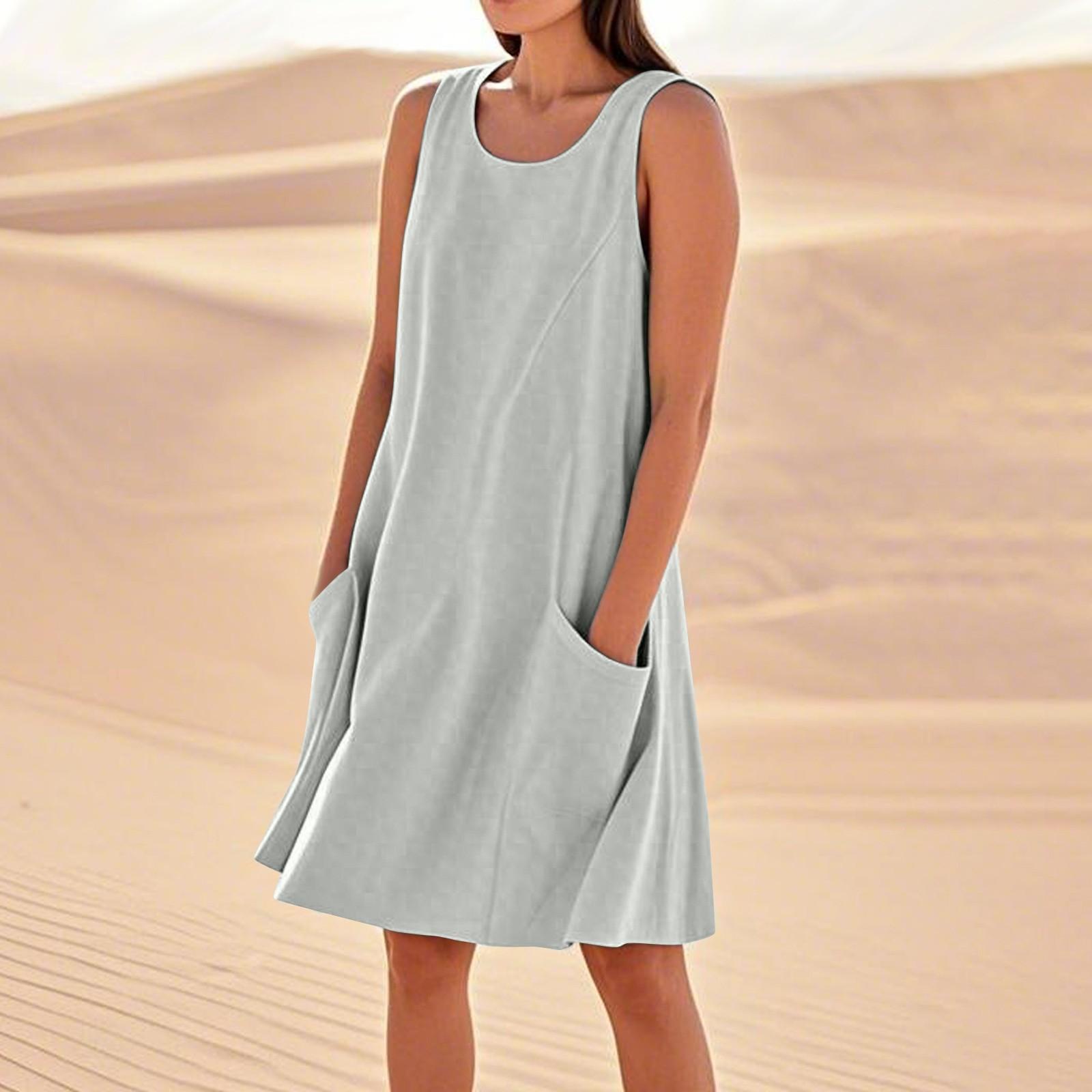 

Летние платья для женщин, свободные пляжные повседневные сарафаны без рукавов с карманами, платье-майка M серебряный