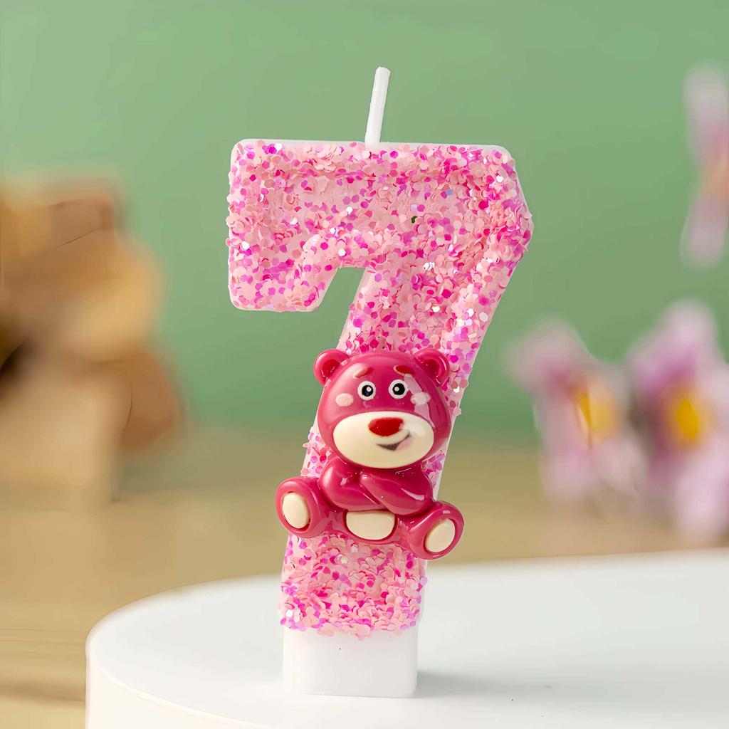 Cartoon Pink Bear Birthday Number Candles Cake Decoration