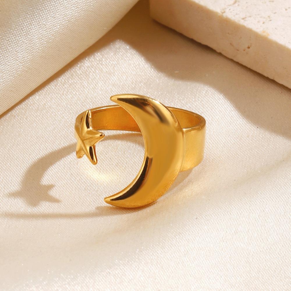 Fashion Simple Ethnic Style Gold Color Moon Stars Pattern Open Rings for Women Daily Wear Stainless Steel Finger Jewelry Gifts
