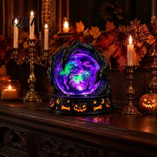 Decorative Window Ornament LED Lighted Halloween Faux Crystal Ball Decoration, Resin Witch/Skeleton/Cat/Ghost Figurine with Detailed Claw Bone