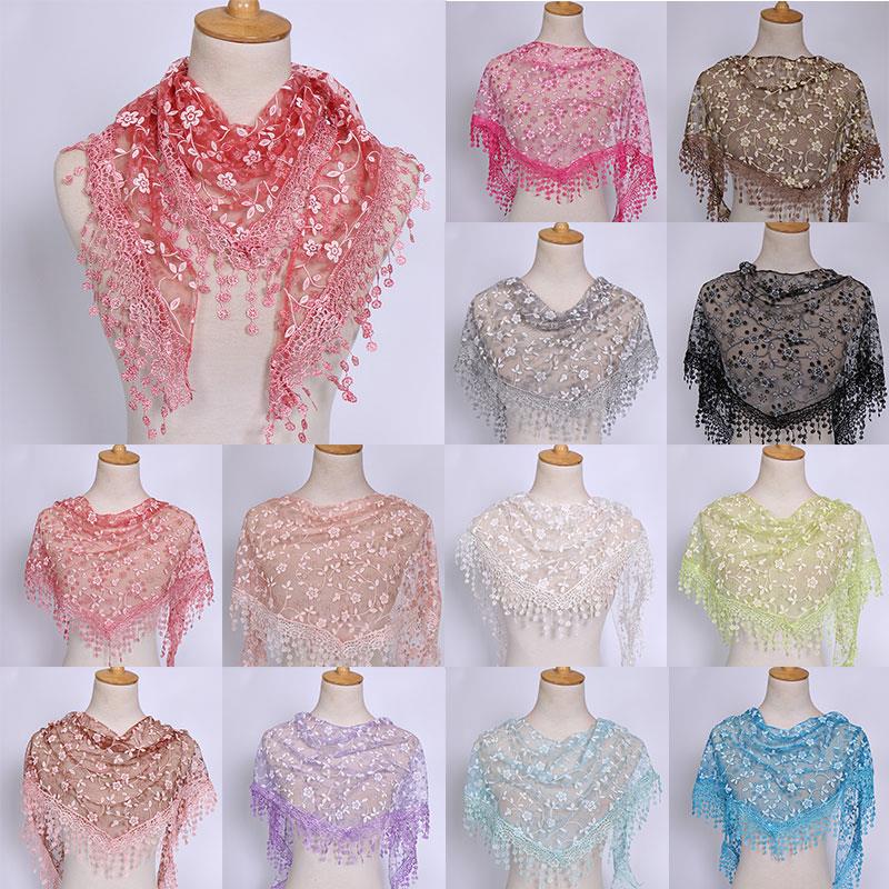 Tassel Shawls Female Scarf Solid Color Embroidered Lace Veil Floral Head Covering Veils Women Triangle Scarf 150*40cm