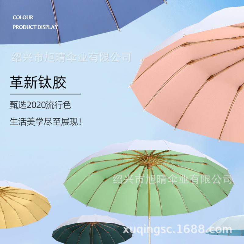 16 bone titanium silver folding umbrella, three-fold retro wood handle sun protection and UV protection dual-purpose sun umbrella