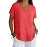 Women's Linen Blend Short Sleeve Blouse Notch V Neck Button Front Loose Casual Summer Tunic Top