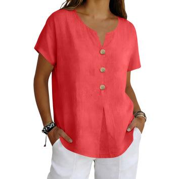 Women's Linen Blend Short Sleeve Blouse Notch V Neck Button Front Loose Casual Summer Tunic Top