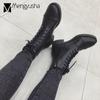 Fashion Winter Boots Women Zipper&Lace-Up Motorcycle Botas PU Leather Botines Mid-Calf Low Square Heels Riding Knight Booties Mujer