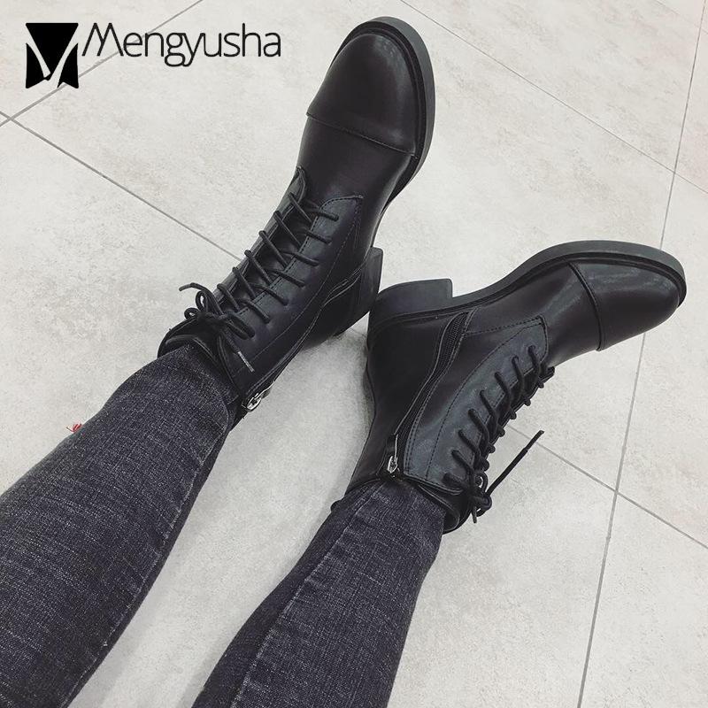 Fashion Winter Boots Women Zipper&Lace-Up Motorcycle Botas PU Leather Botines Mid-Calf Low Square Heels Riding Knight Booties Mujer
