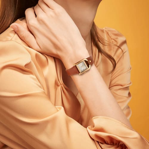 BUREI Women's Watch, Stylish, Simple, Cute, Quartz, Waterproof, Analog, Gold Square Dial, Roman Numerals, Brown Leather Strap, Commuter, Business, Cas
