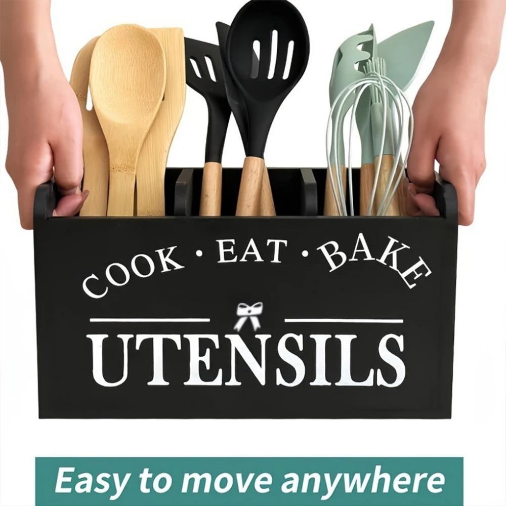 3 Compartments Wood Kitchen Utensils Holder With Drainage Holes Space Saving Utensil Organizer Wood Material Tableware Stand