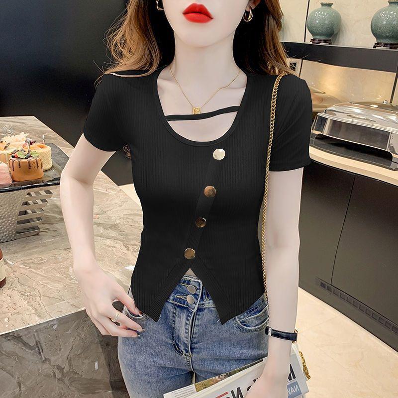 

Женская летняя футболка с коротким рукавом, новая, с разрезом, асимметричная, шикарная, нишевая, уникальная, короткая, облегающая фигуру XXL чёрный