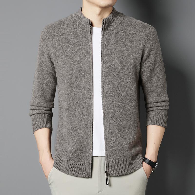 100% Wool Thickened Pure Wool 530G Men'S Middle-Aged And Young Leisure Business Long Zipper Cardigan