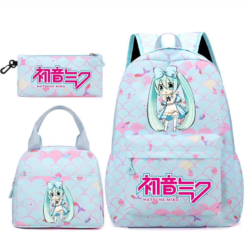 3 Stück/Set Anime Cartoon Hatsune Miku Bedruckter Rucksack Handtasche Federmäppchen für Teenager Schüler Mädchen Jungen Große Kapazität Wasserdicht Schultasche Reisetasche