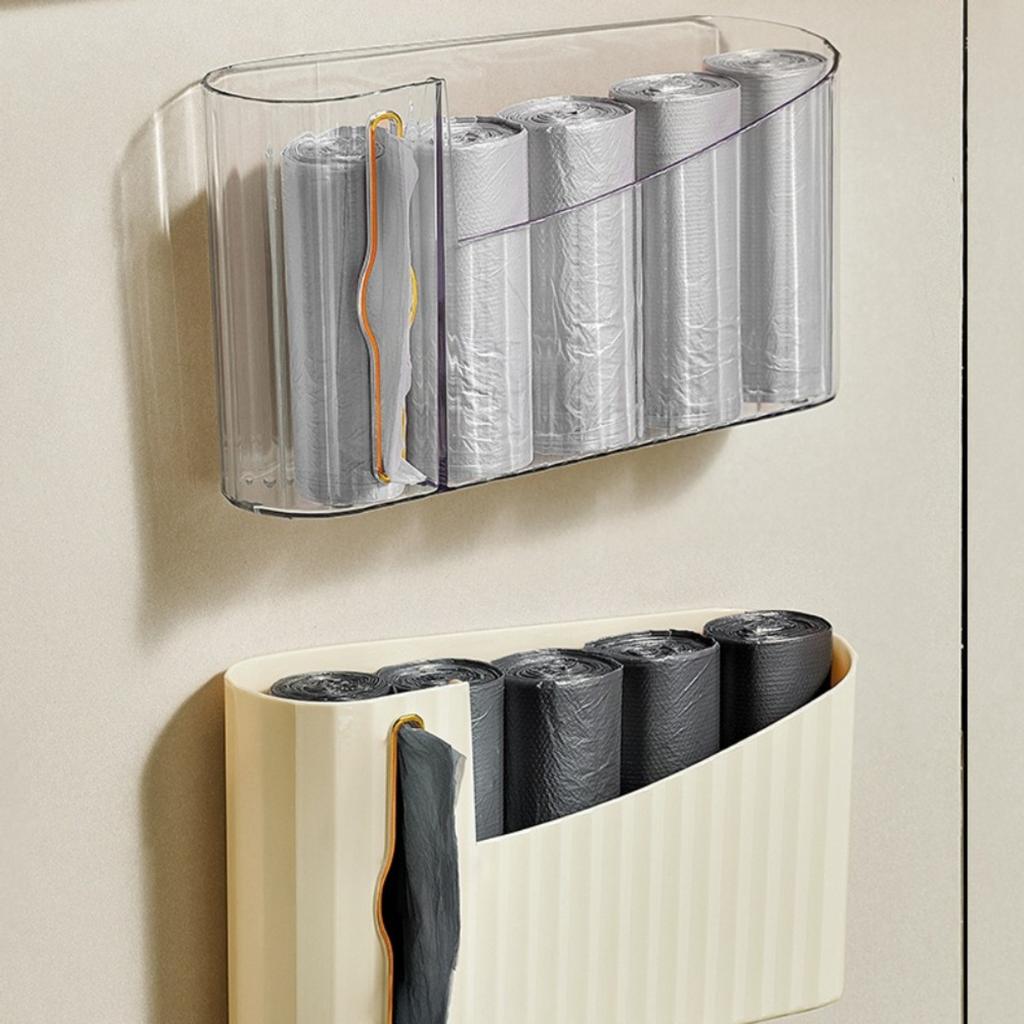 Wall Mount Plastic Bag Dispenser, Adhesive Holders for Grocery Bags Organization, No Drill Kitchen Storage Box for Under Sink Cabinet