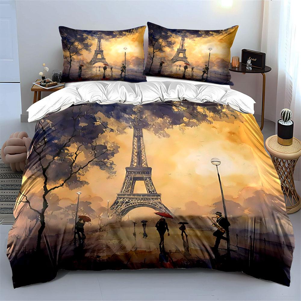 Eiffel Tower Sunset Scene Bedding Duvet Cover Set Duvet Cover Pillowcases (1*Duvet Cover 2*Pillowcases, Without Duvet Insert)